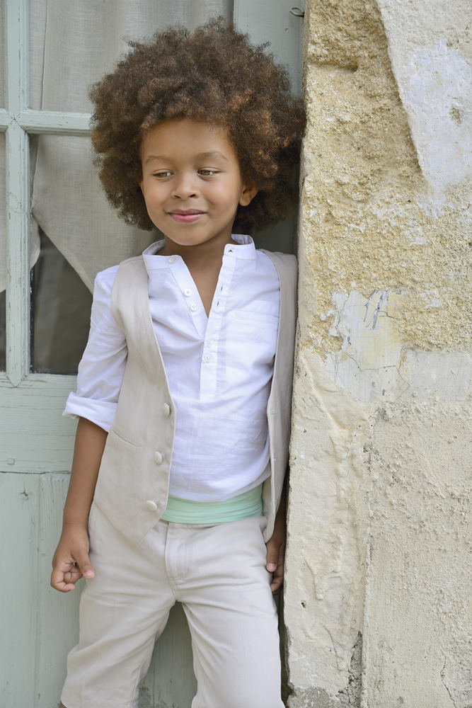 Ensemble Garcon Coton Sable Chemise Emile Et Ceinture Vert D’eau